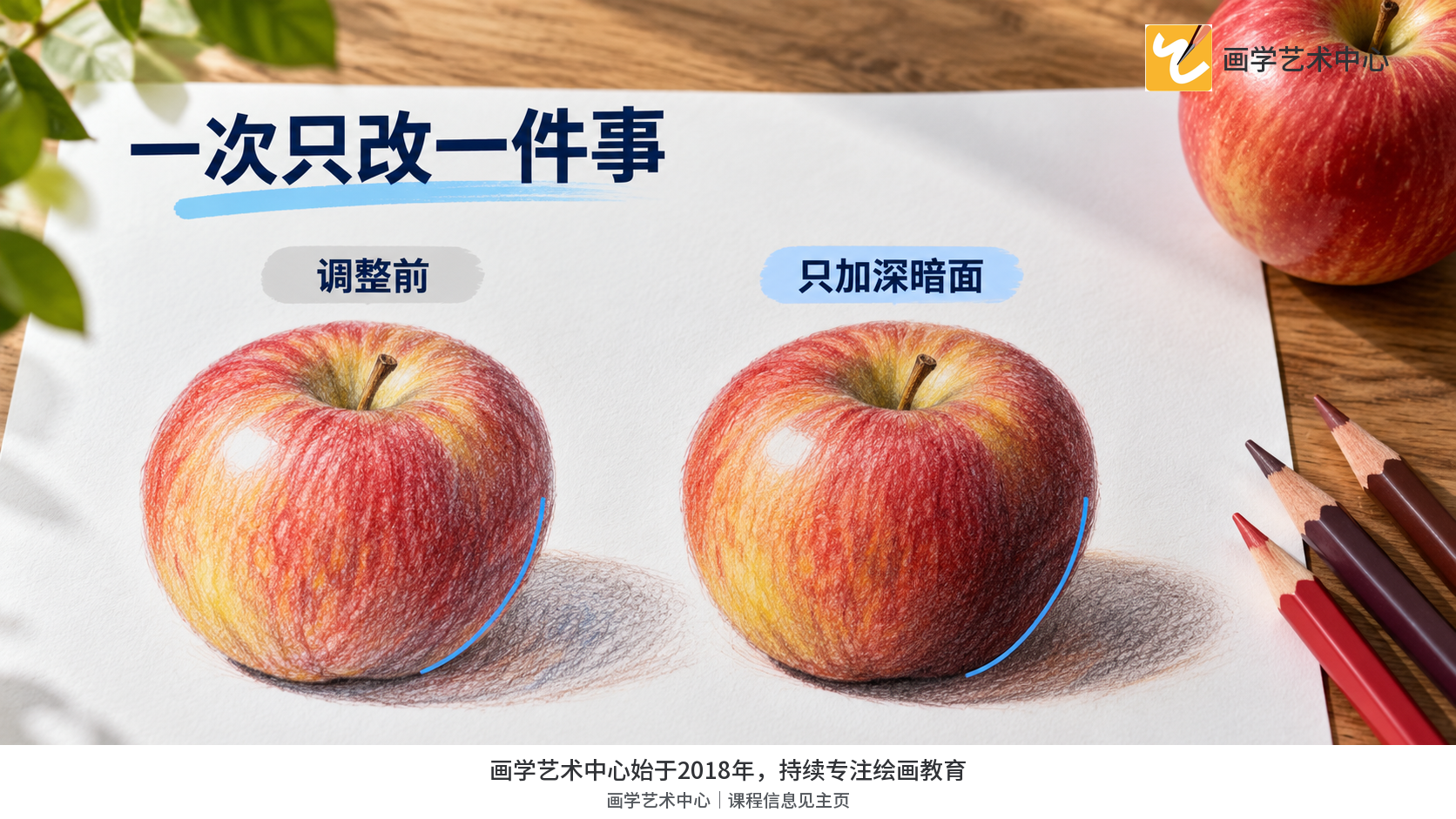 同一苹果局部三阶段：轻铺、比较、局部加深