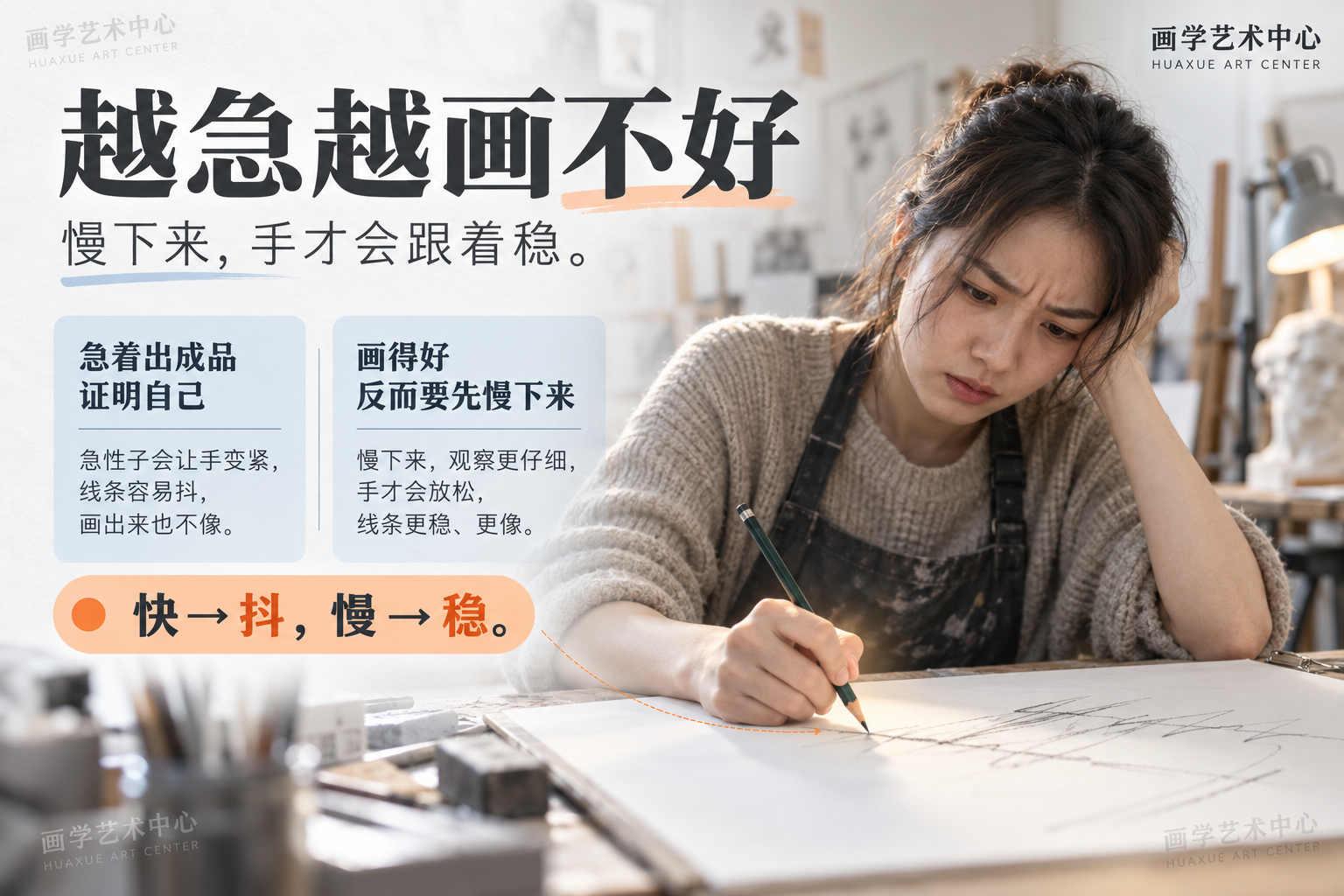 点出成人学画画「越急越画不好」的问题，把「急着出成品证明自己」和「画得好反而要先慢下来」对照，说明急性子导致手紧、线条抖、画不像。