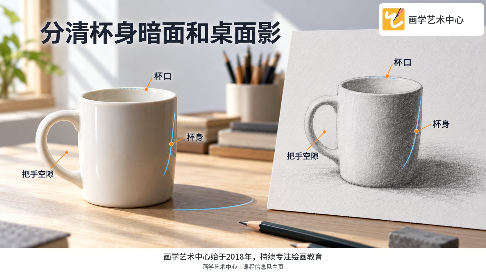区分贴在杯身曲面上的背光暗部与落在桌面上的投影，并展示杯口遮挡关系。