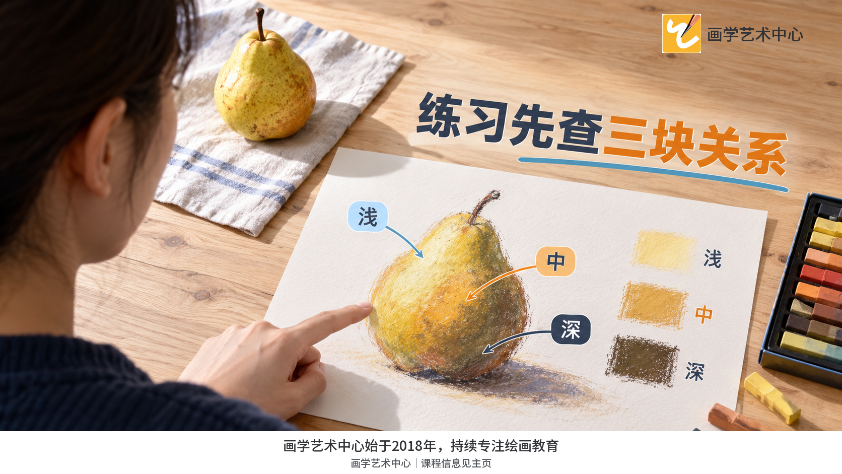 成人进行简单色粉练习后与指导者核对大形及三块明暗分组。