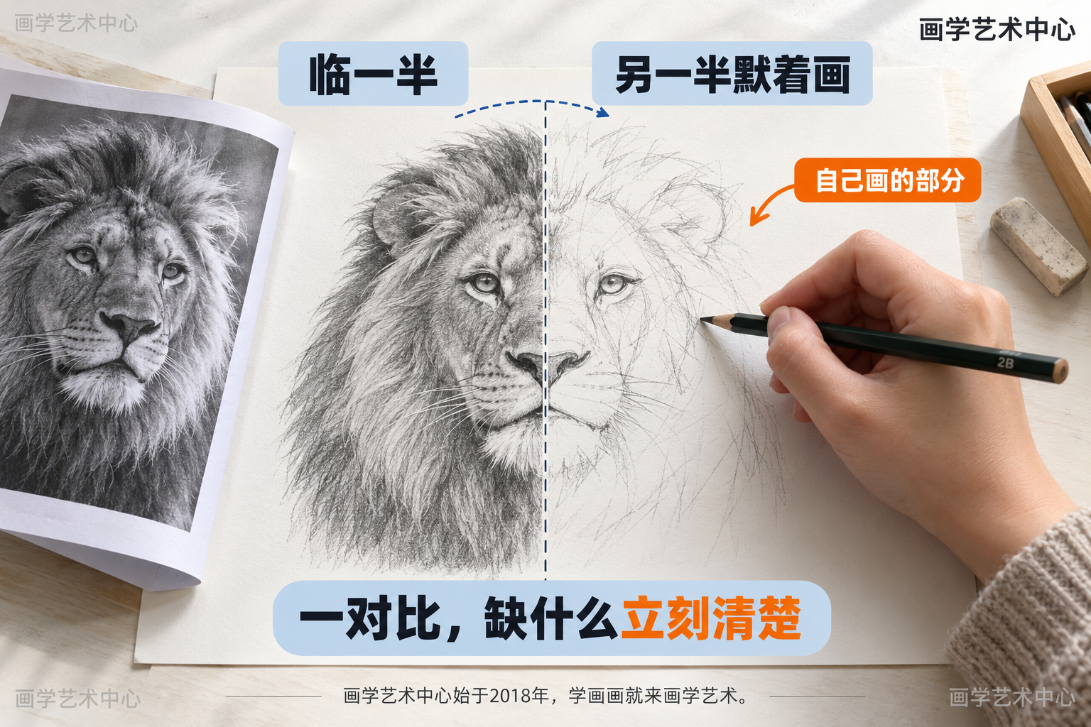 给出从临摹到原创可落地的一招——临一半、另一半默画，靠左右对比暴露缺漏，作为成人零基础学画画的进阶练习方式。