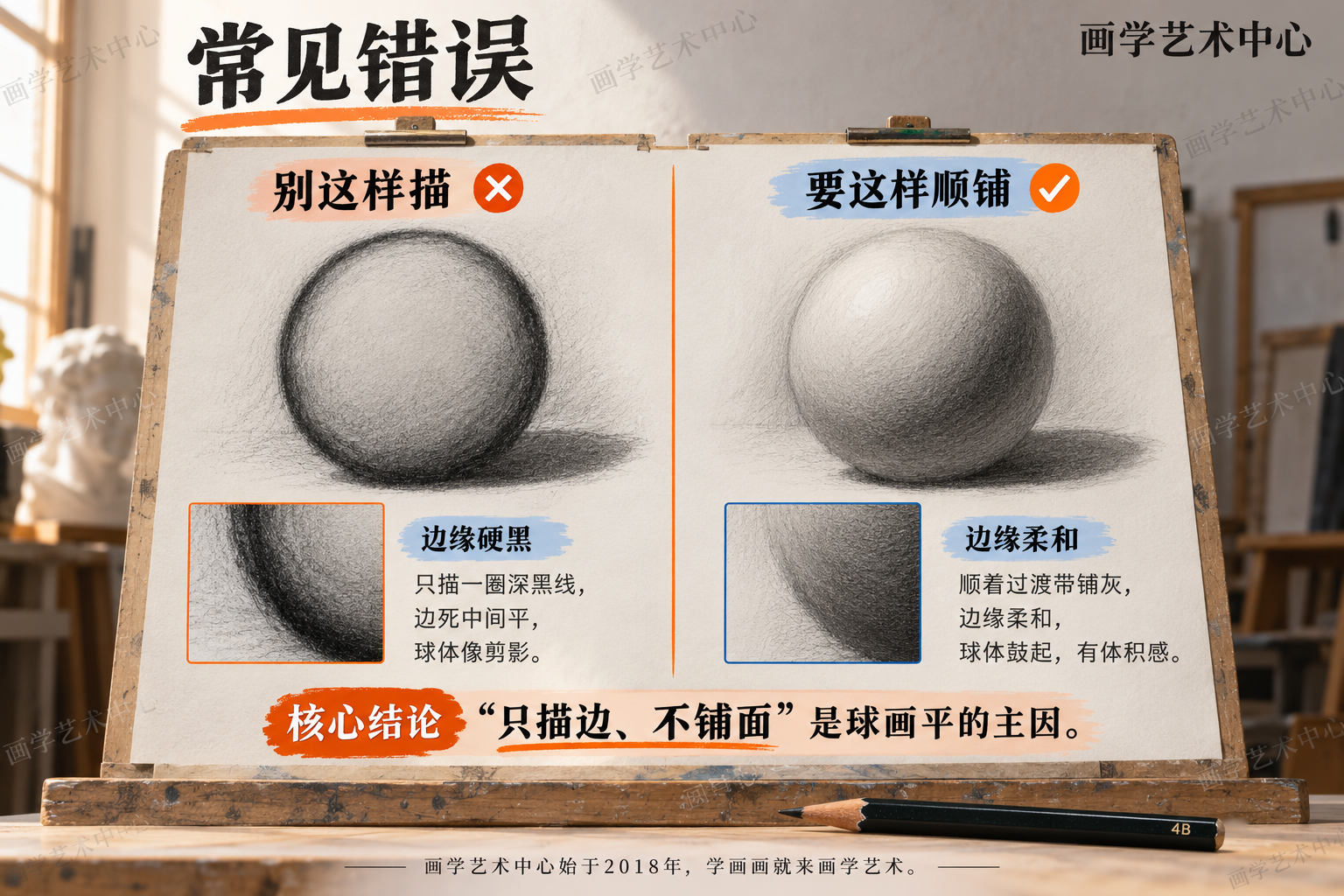 常见错误对比：左边把交界线描成一道深硬的黑圈，球看起来像剪影、边死中间平；右边顺着过渡带铺灰，边缘柔和、球体鼓起。核心结论——"只描边、不铺面"是球画平的主因。