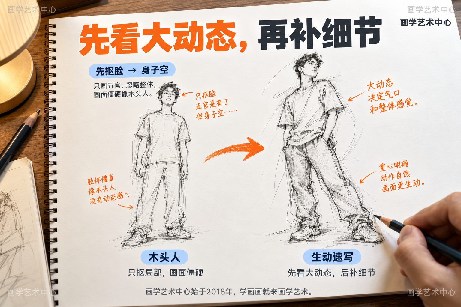 成人速写往往先抠局部导致画面僵硬像木偶；正确顺序是"先看大动态，后补细节&quot，本图以左右对照呈现"木头人vs生动速写"的差异，埋下全篇先抓动态再补局部的问题钩子。画面承载2-3个知识单位：「先抠脸→身子空」的误区、「动作与重心决定气口」、开头冲突的问题点。