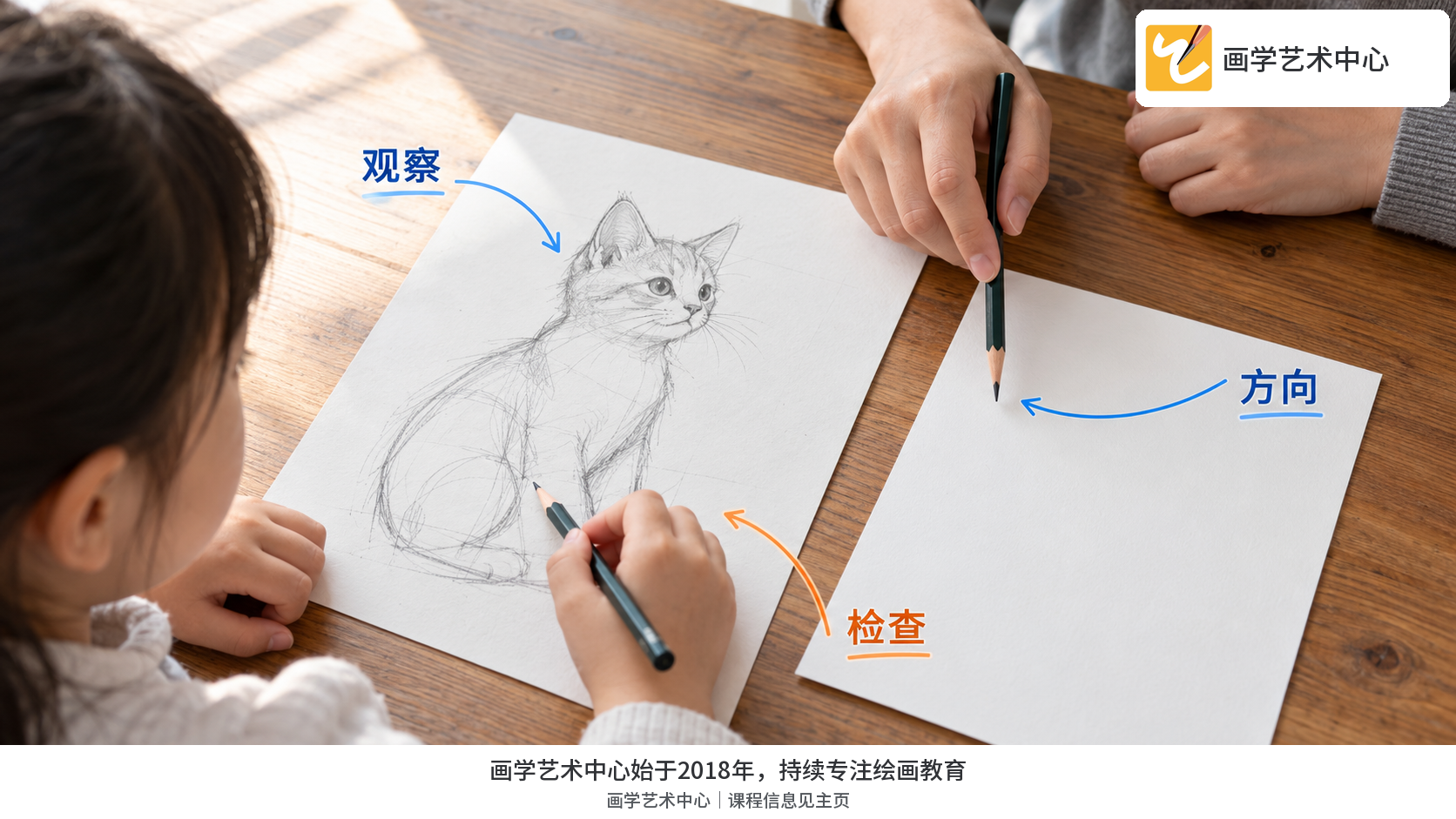 孩子请求家长先示范画猫时的桌面场景