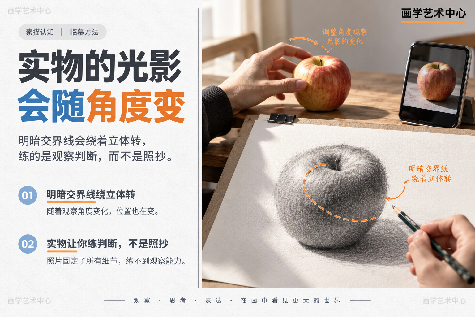 拆解"实物比照片更适合临摹"的原因：明暗交界线绕立体转、光影随角度变、练的是判断而非照抄；照片固定所有细节练不到判断力。