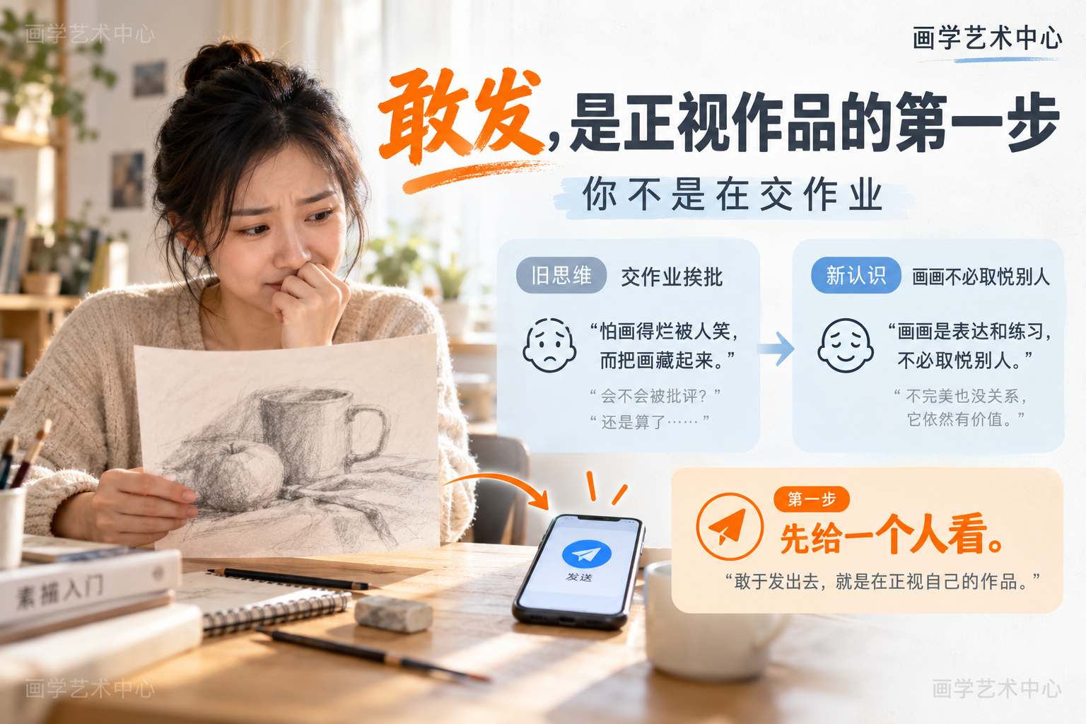 呈现「怕画得烂被人笑，而把画藏起来」的心理，对照「交作业挨批」的旧思维与「画画不必取悦别人」的新认识，给出「先给一个人看」的第一步。