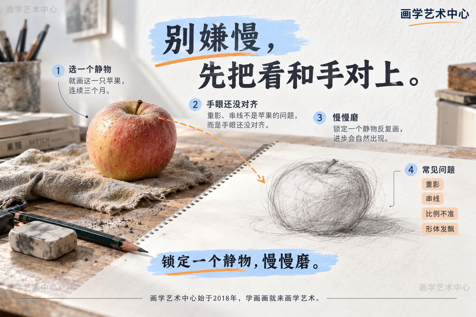 讲述一个成人反复画同一只苹果三个月的故事：重影、串线不是苹果的问题，而是手眼还没对齐；锁定一个静物慢慢磨，进步会自然出现。中心结论「别嫌慢，先把看和手对上」。
