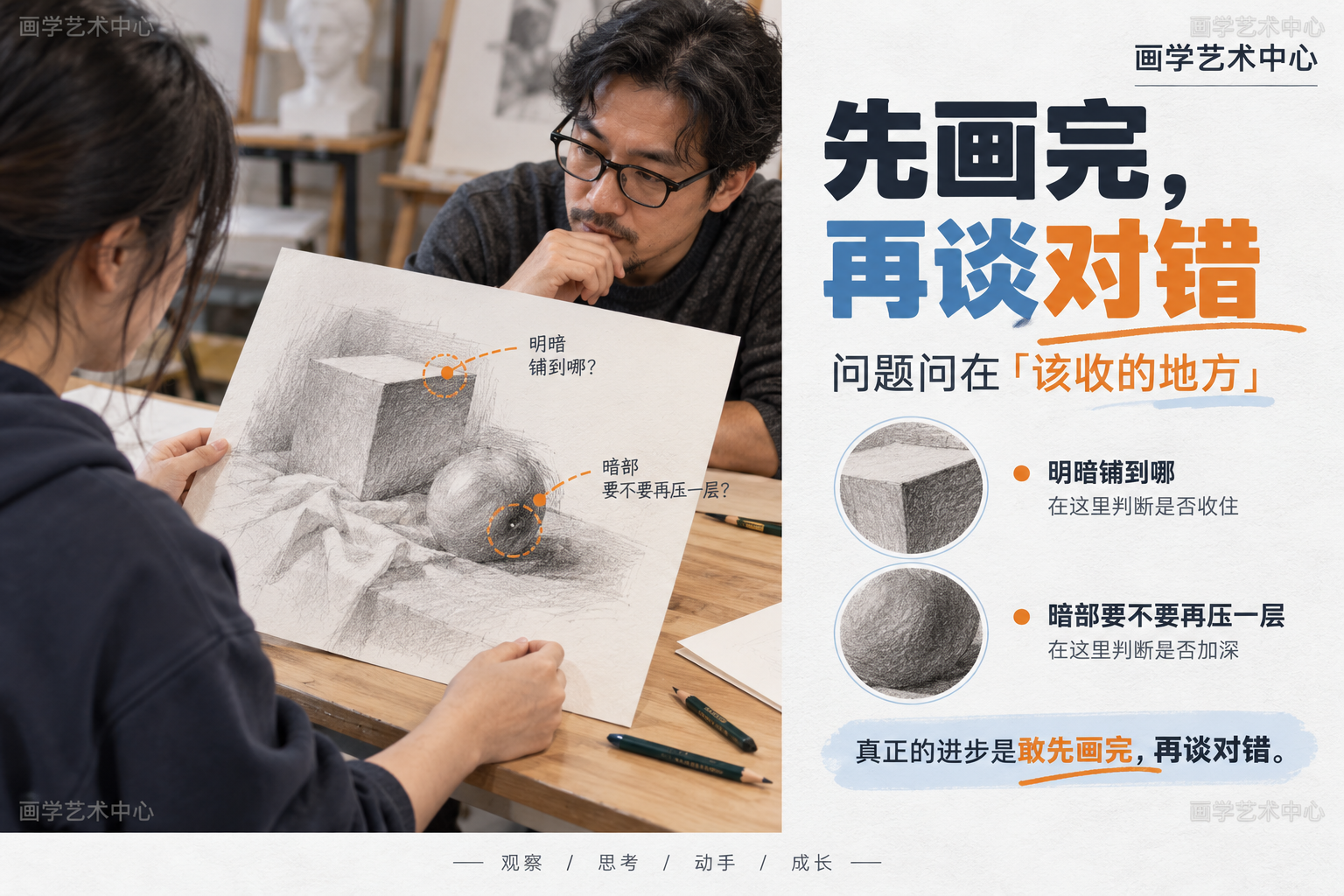 给读者一个收束认知的提醒：会问不是坏事，但要问在"该收的地方&quot，比如明暗铺到哪、暗部要不要再压一层；真正的进步是敢先画完，再谈对错。