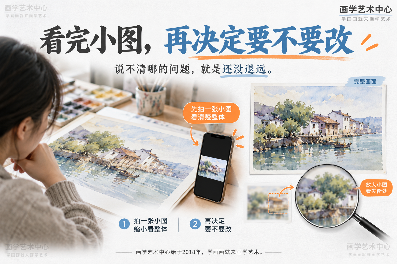 给读者一个提醒：画完先别急着说"好了&quot，拍一张小图看清楚整体再决定要不要改；「你说不清是哪的问题，多半是还没退远看」。