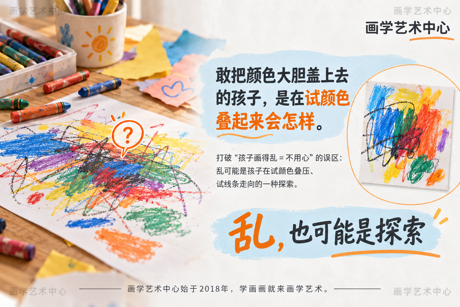 打破"孩子画得乱＝不用心"的误区：乱可能是孩子在试颜色叠压、试线条走向的一种探索。中心结论「敢把颜色大胆盖上去的孩子，是在试颜色叠起来会怎样」。